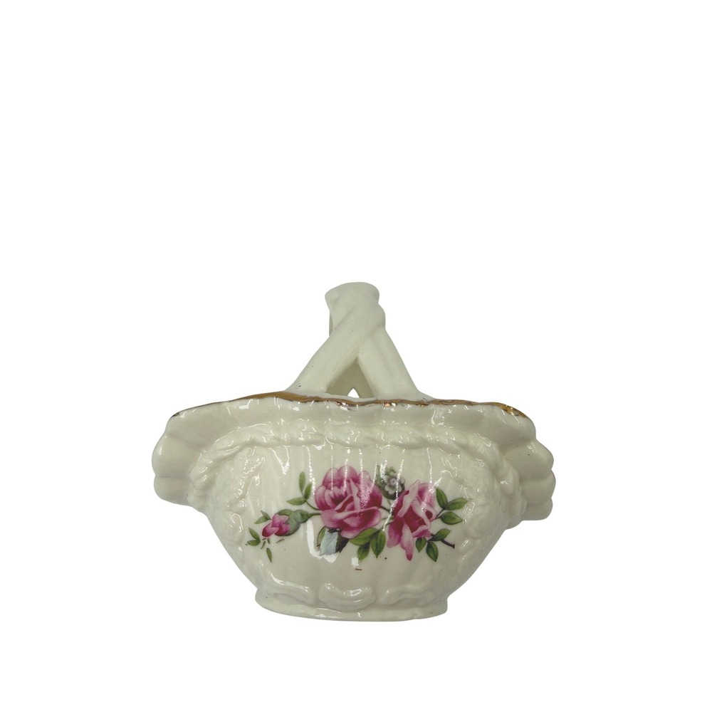 Gift Collection Jade Porcelain Rose Floral Basket‎ Trinket Dish Gold Trim Cream